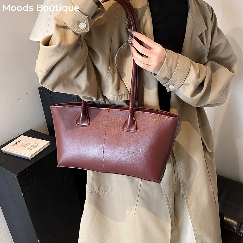 Burgundy Underarm Shoulder Bags For Women Pure Color PU Leather Large Capacity Casual Tote Bags 2024 Winter New Luxury Handbags