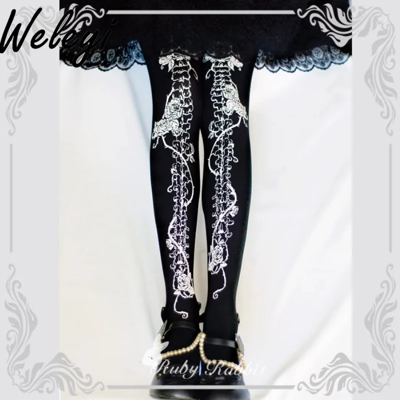 

Japanese Jirai Kei Rose Bone Leggings for Women Original Gothic Lolita Print Pantyhose Black Stockings Woman Generate Tights