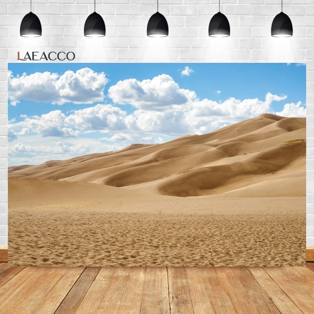 

Laeacco Desert Landscape Photography Backdrop Sand Dunes Sparse Green Shrub Plant Trees Blue Sky Scenery Portrait Background