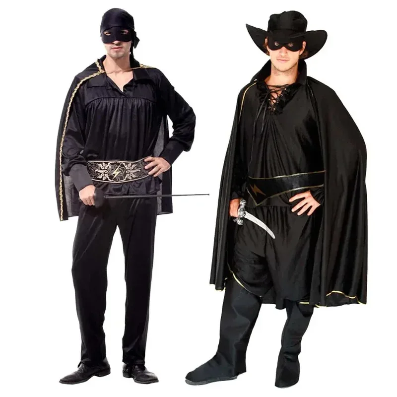 

Adult Mascot Zorro Cosplay Costume With Cape Women Cape Jacket Eye Mask Belt Trousers Shoe Cover Hat Dress Up