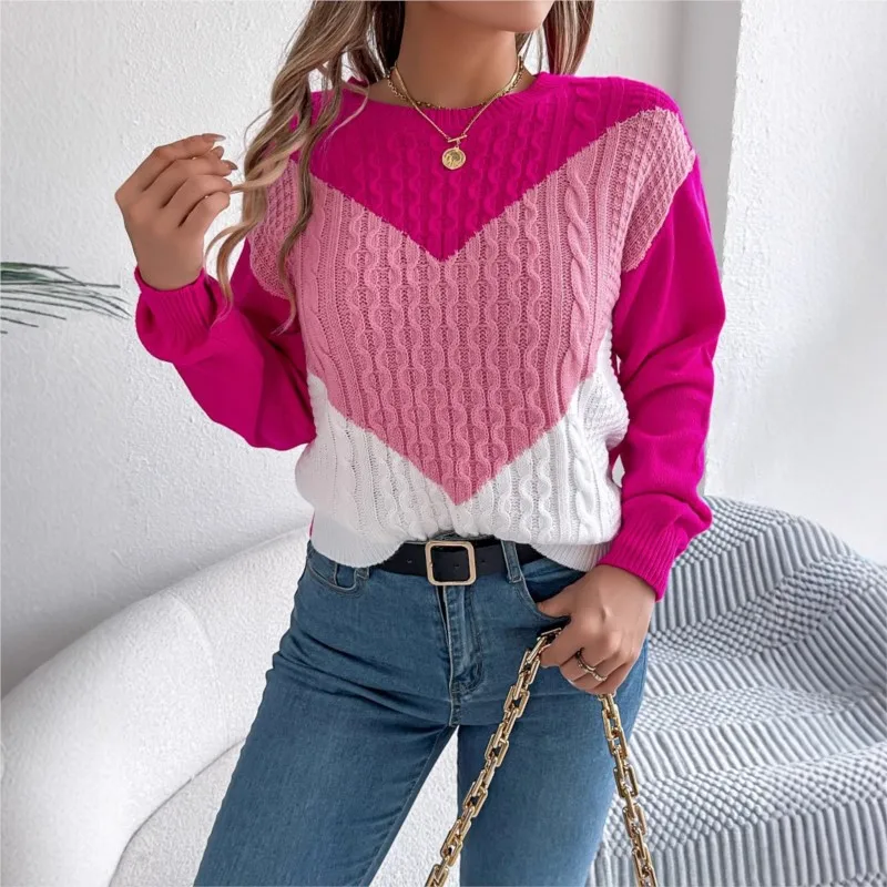 

Autumn And Winter Casual Color Matching Fried Dough Twists Lantern Sleeve Pullover Sweater For Women Pink Knitted Jumpers Tops