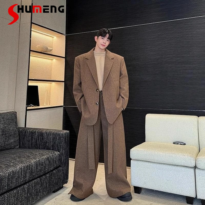 

2025 осень-зима, новые шикарные мужские элегантные комплекты из двух предметов из 2 предметов, мужской костюм, куртки, широкие брюки, модные комплекты из двух предметов