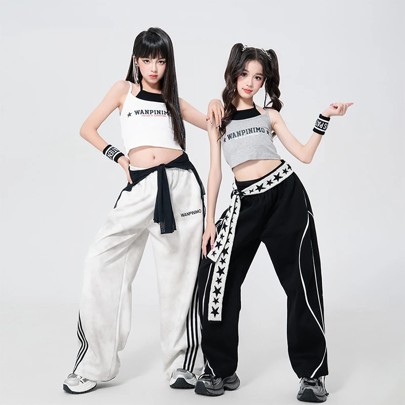 힙합 K-pop 자르기 탑 카고 바지 어린이 스트리트 댄스 복장 어린이 streetwear 의상 소녀 그룹 재즈 의류 세트 xh2645