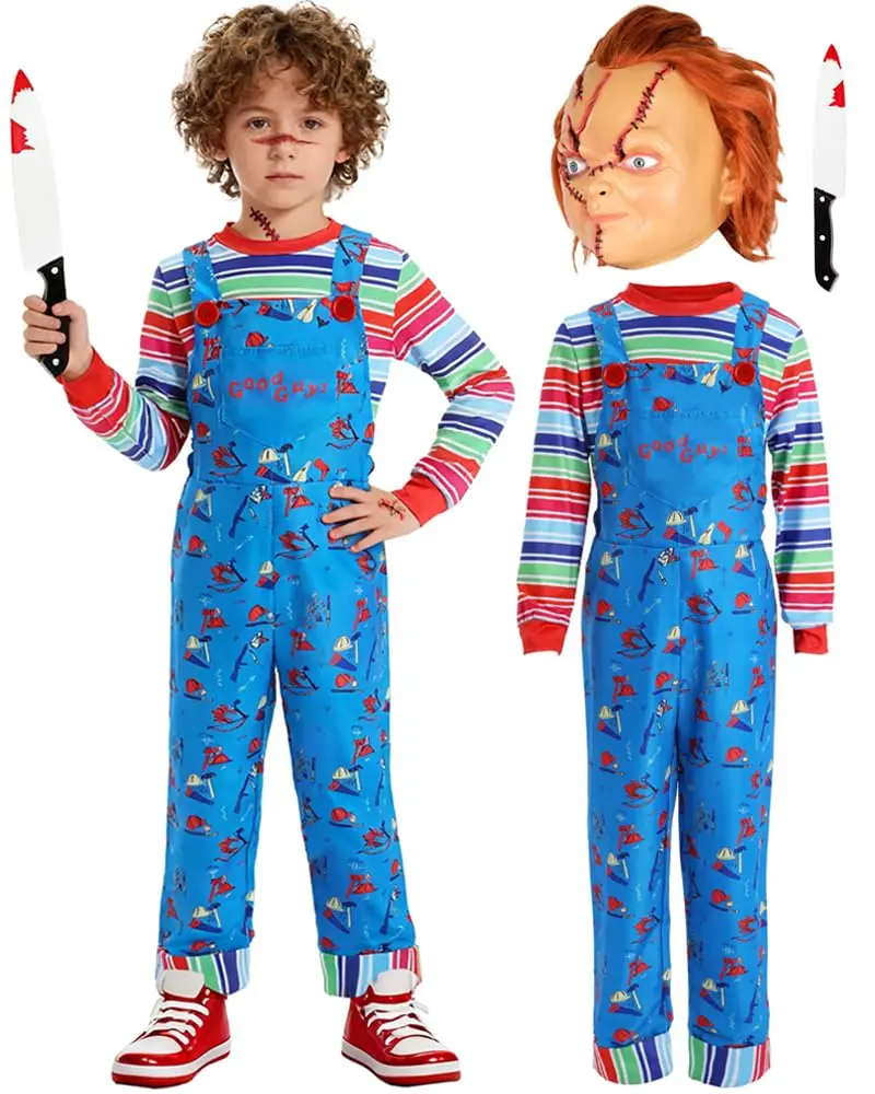 

Creepy Doll Costume for Kids Horror Killer Shirt Jumpsuit Mask Halloween Cosplay Outfit for Boys Girls