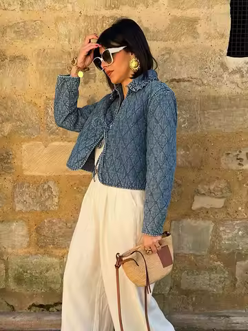 Quilting Washed Denim Cotton Jacket Women Fashionable Lace Lapel Neck Grid Like Coat Lady New Commute Daily Outside Outwear