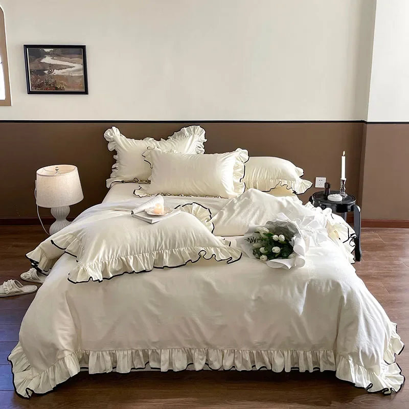 Cream White Ruffle Bedding Set Black Edge Lace Jacquard Duvet Cover Set Luxury Cotton Bed Sheet Pillowcase 4Pcs Home Textile