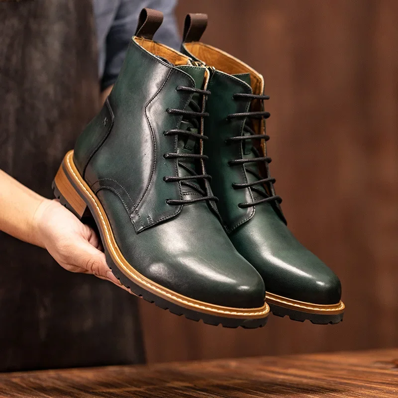 Retro Mens Genuine Leather Boots Luxury Handmade Quality 2025 Winter British Style Warm Ankle Black Wedding Social Shoes Man