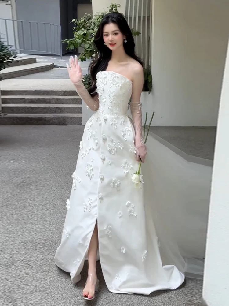 

Белое свадебное платье Ele 2025: Новинка, без бретелек, драпированный силуэт, на молнии, с длинным шлейфом, в пол