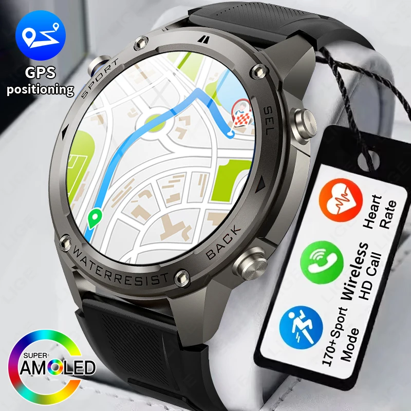 

LIGE New 466*466 AMOLED Screen Smart Watch Outdoor Compass GPS Tracker Men Watches 50M Waterproof 500mAh Battery Men Smartwatch