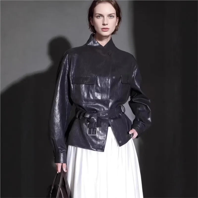 Motorcycle waist-cinched lace-up casual versatile leather stand-up collar real