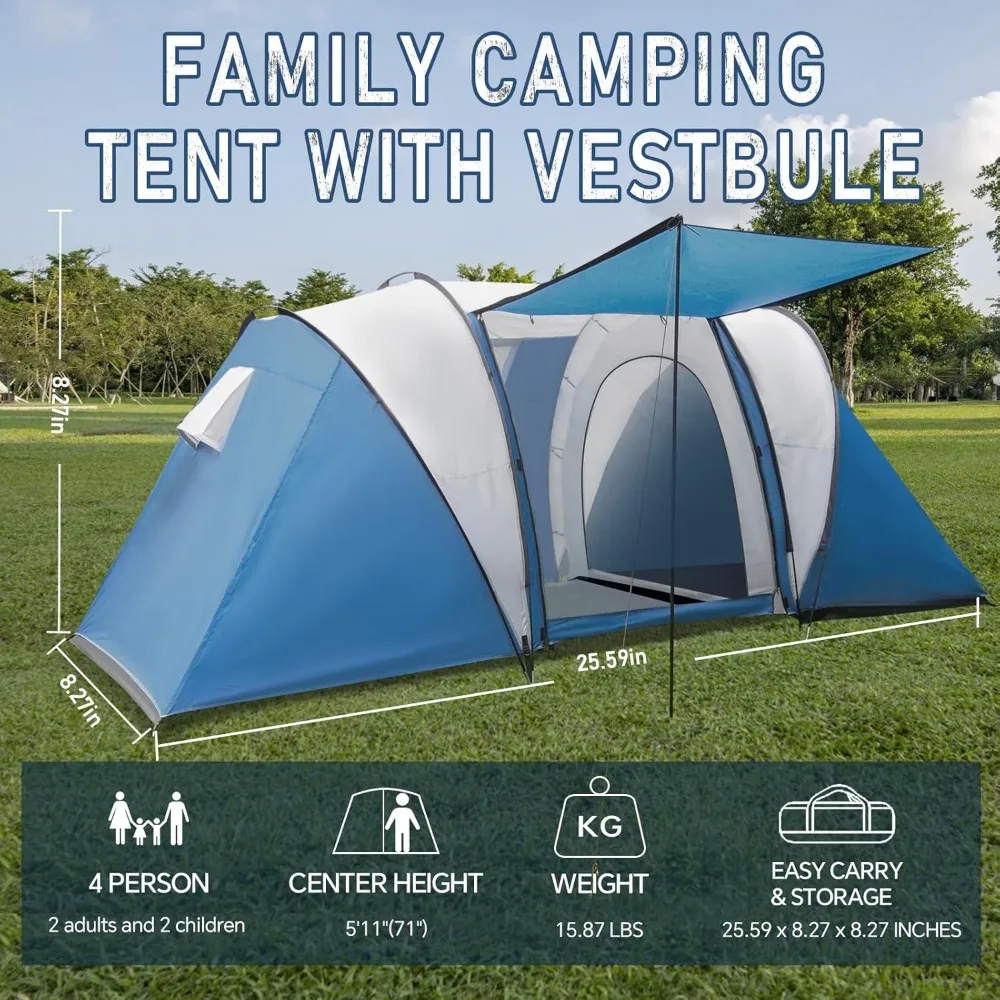 Family-Sized Weather-Resistant 2-4 Person Camping Tent with Porch and Rainfly, Easy Setup Dual-Room Shelter