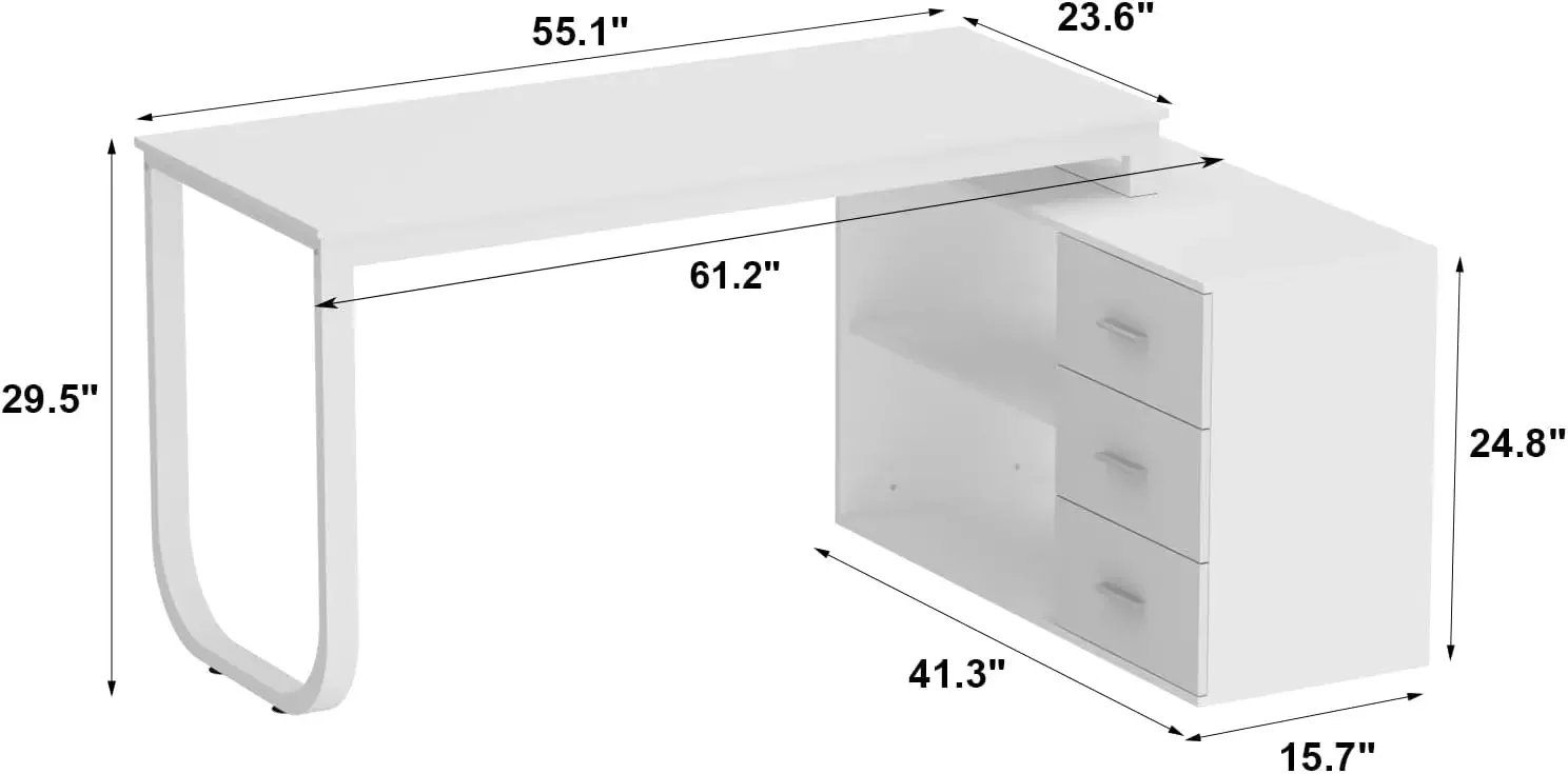 Home Office Computer Desk Corner Desk with 3 Drawers and 2 Shelves, 55 Inch Large L-Shaped Study Writing Table with Storage Cabi