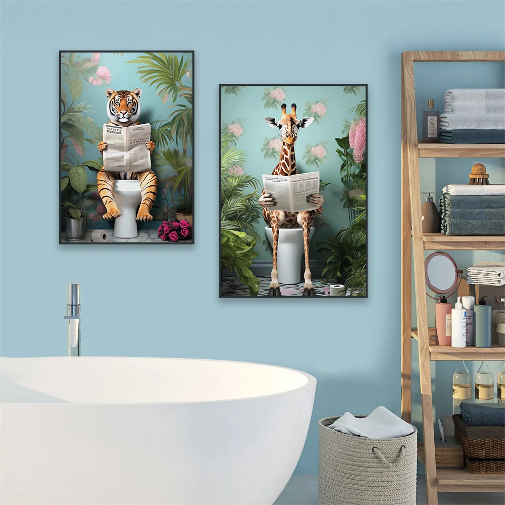 Zebra on Toilet Bathroom Poster Giraffe on Toilet Funny Bathroom Tiger Wall Art Prints Colorful Botanical Bathroom Art Poster