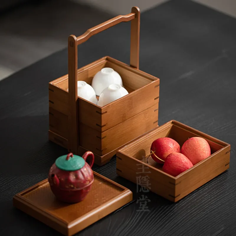 Retro Bamboo Storage Basket Traditional Chinese Fruit Tea Food Container Portable Tea Set Box Cultural Ceremony Accessories