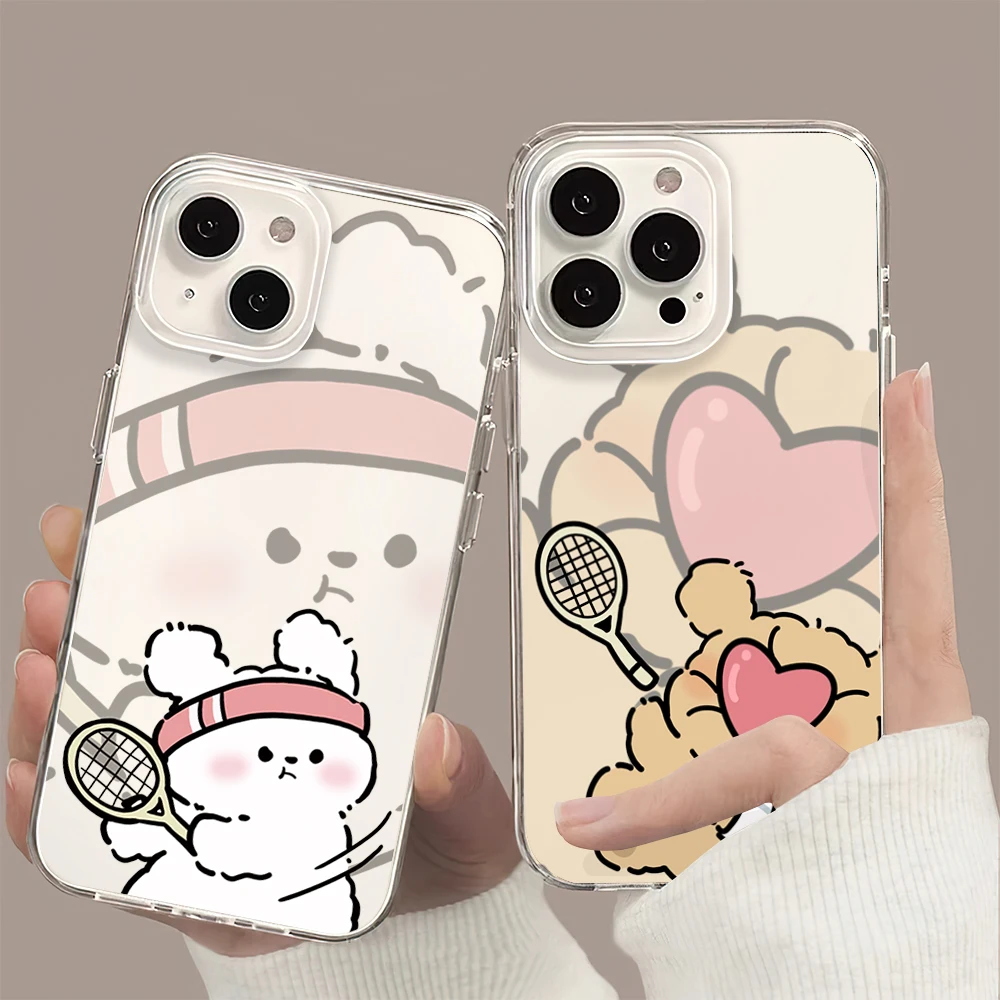 Cute Maltese Dog Funny Couple Tennis Lovely Phone Case For iPhone 11 13 16 15 14 12 Pro Max Plus Clear Transparent Soft Shell