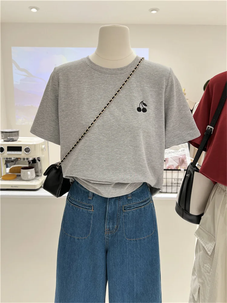 Spring Summer Loose Basic Style Short Sleeve Embroidered Cherry under Shirt T Shirt Women Half Sleeve Tee Commute Style Flora...
