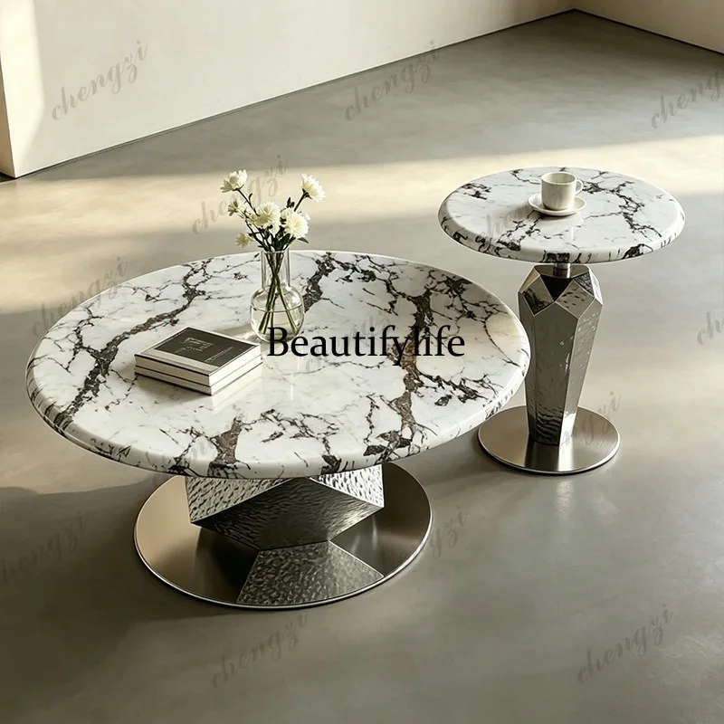 A114 Italian minimalist marble coffee table combination living room household small apartment new stainless steel high-end prism