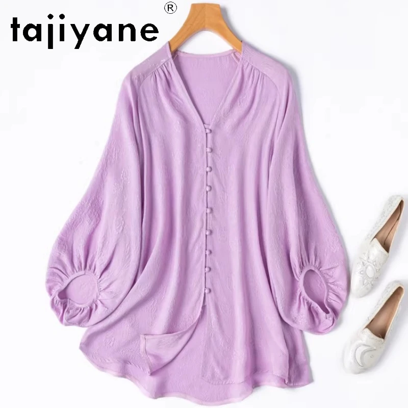 

TAJIYANE 100% Mulberry Silk Shirts Woman Elegant V-Neck Lantern Sleeve Blouse Lilac Purple Loose Cardigan 2026 Spring Clothes 셔츠