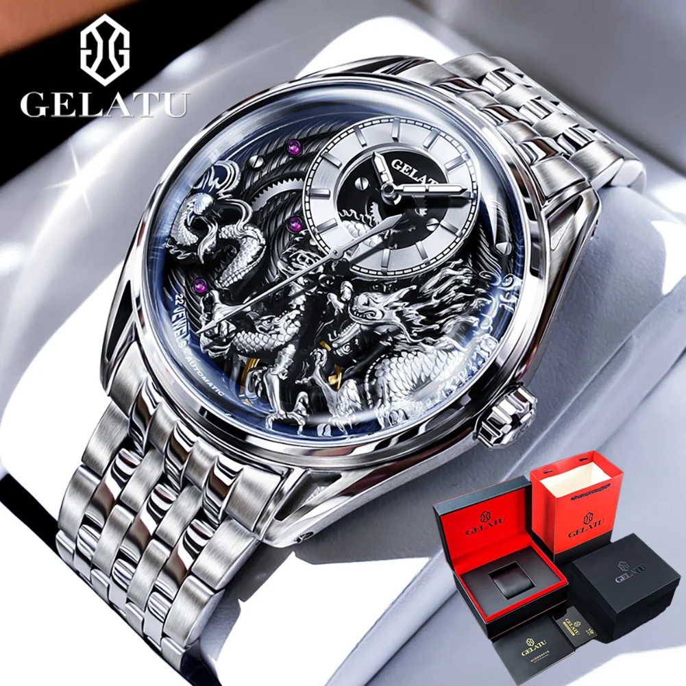 

GELATU 6018 Luxury Brand Masculinity Golden Dragon Automatic Machinery Men's Watch Original Stainless Steel Waterproof Men Watch