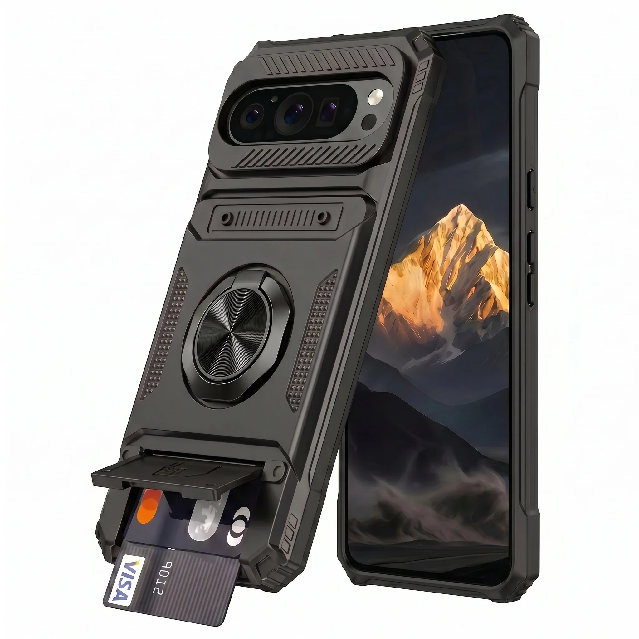 Étui magnétique de luxe avec support rotatif pour Google Pixel 9 Pro XL, protection antichute de qualité supérieure, fente pour carte intégrée, coque arrière