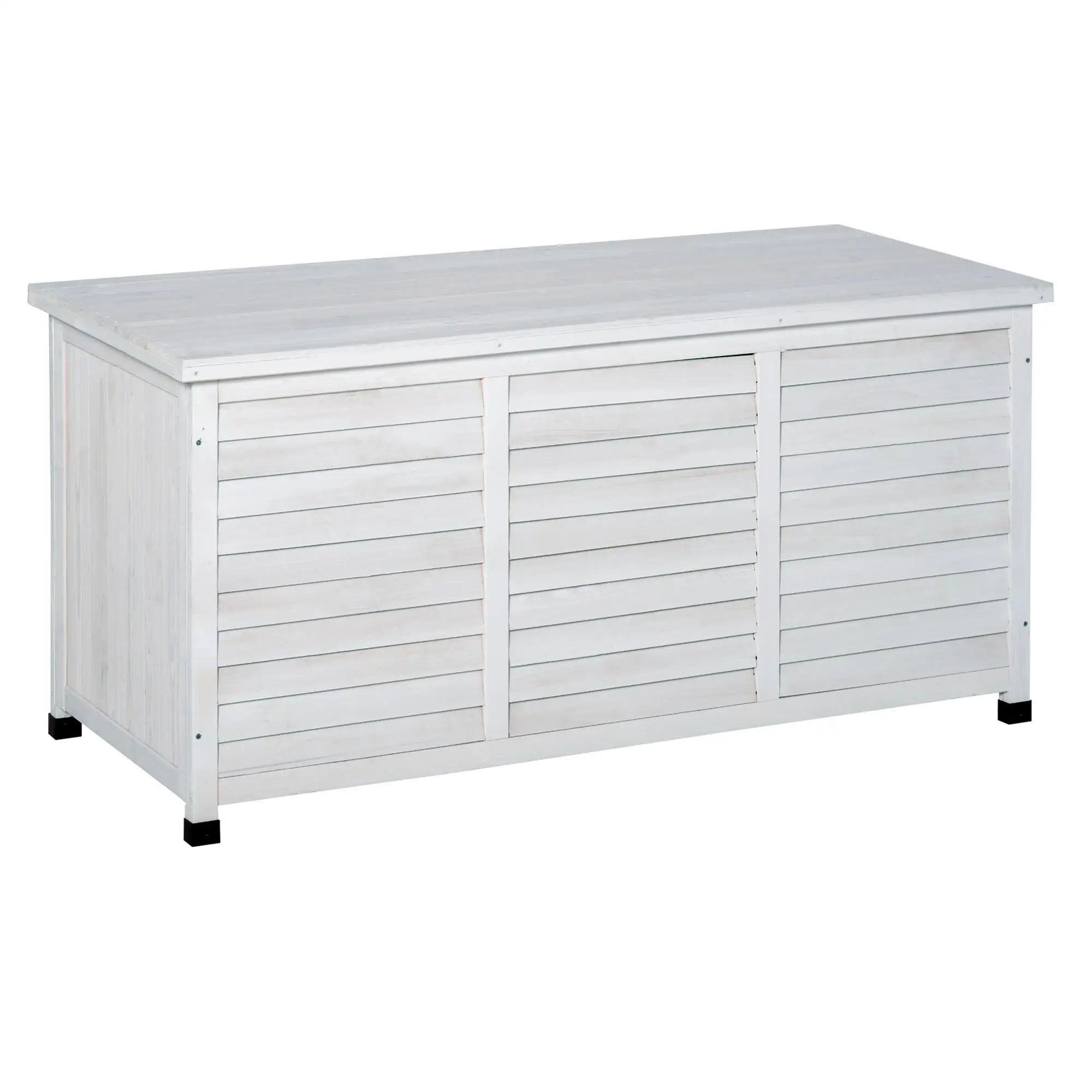 Caja de madera maciza de abeto para jardín 127x56x60 cm impermeable 284L Blanca con persianas de ventilación y patas protectoras