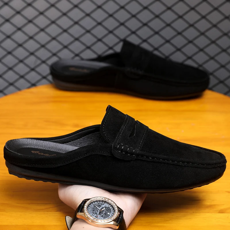 

Lightweight Mules Half Loafers Slippers Men Man Leather Slip On Sneakers Big Size 45 46 Open Back Casual Shoes Slides Sandals