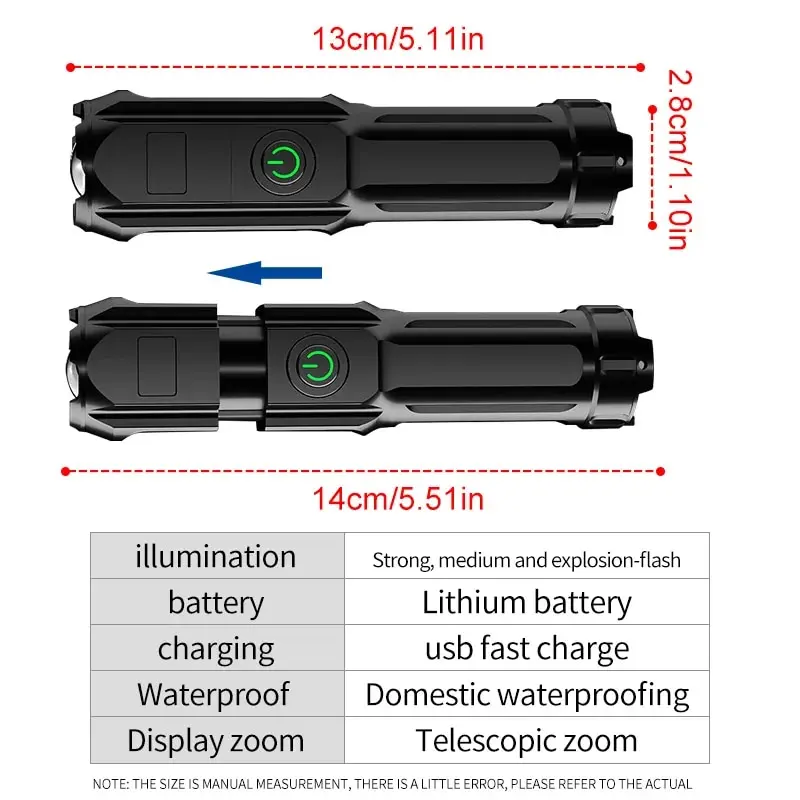 Lanterna led portátil recarregável usb à prova d'água zoom pesca caça acampamento 3 modos de iluminação lanterna tática tocha led