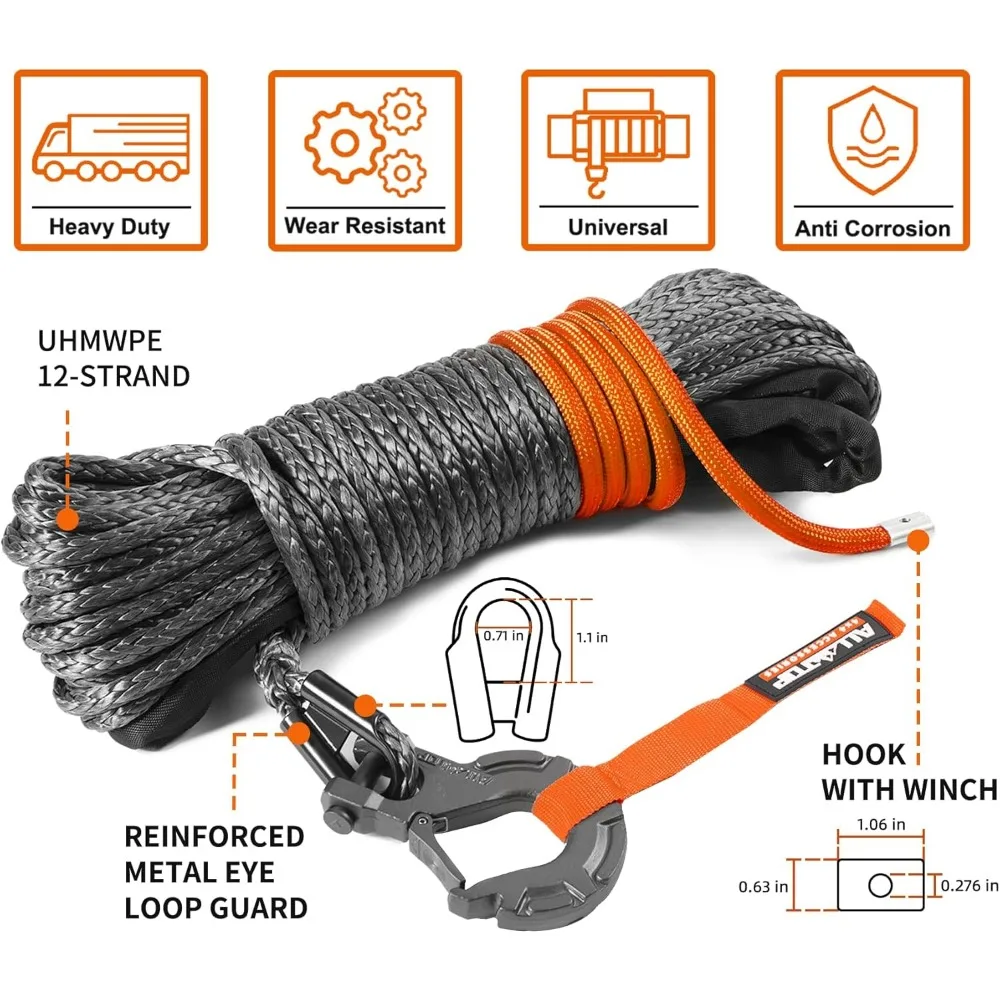 حبل ونش صناعي مع خطاف وعازل، 1/4 بوصة × 50 قدم، مجموعة استبدال UHMWPE بسعة 9500 رطل، بما في ذلك الخطاف المزروق