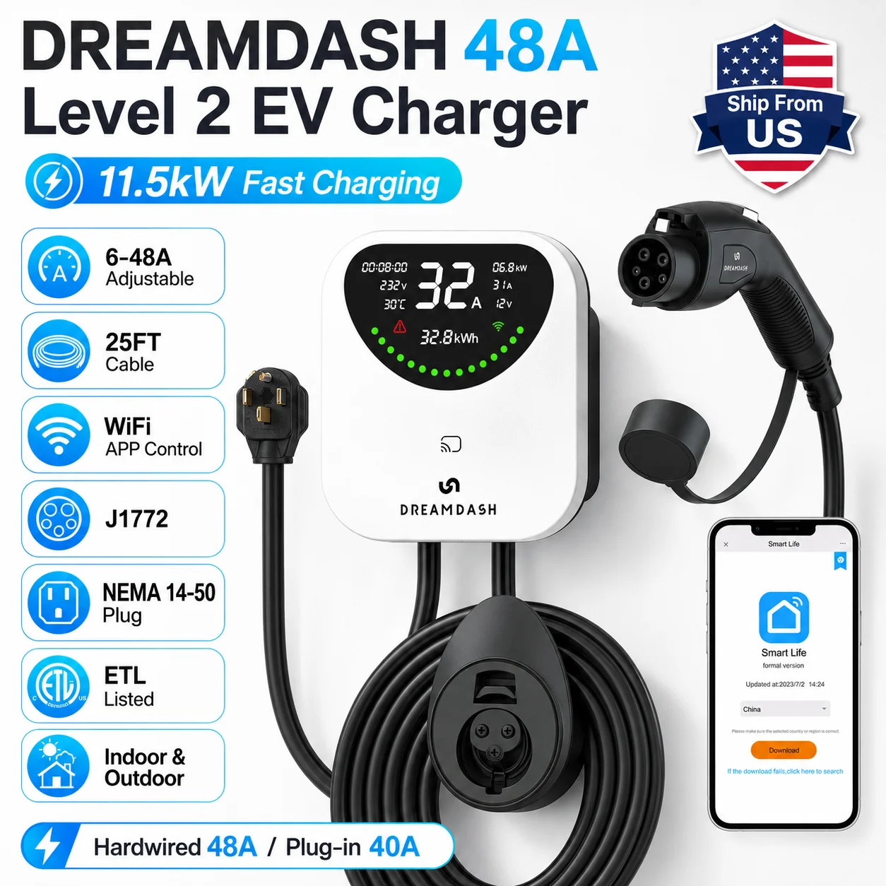Outdoor Power Outlet Wifi - DREAMDASH 48A レベル2 EV充電器 11.5kW WiFiスマート充電ステーション、6-48A調整可能、NEMA