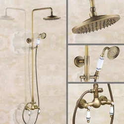Vintage Retro Antique Brass Dual Ceramic Handles Bathroom 8 Inch Round Rain Shower Faucet Set Mixer Tap Hand Shower man108