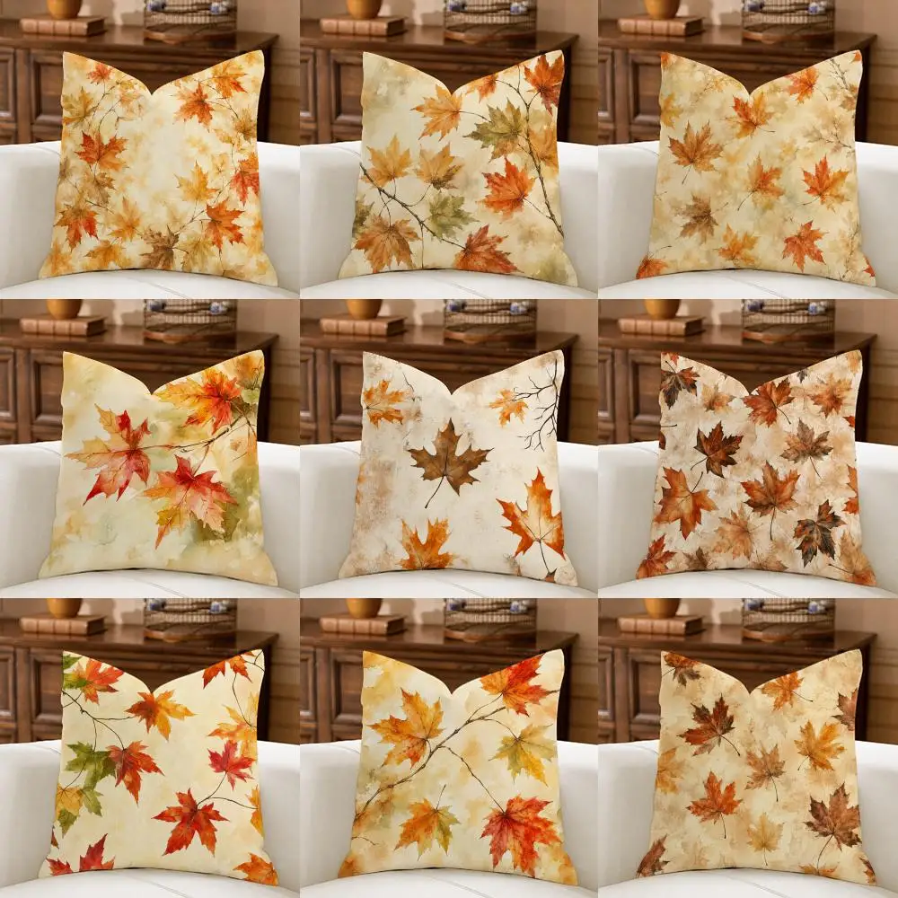 Vintage Fall Maple Prints Cushion Cover Natural Breathable Durable Linen Printed Decor Pillow Case Sofa Bedroom