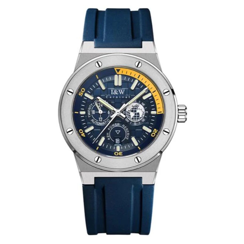 I&W Men Automatic Watch 42mm Mechanical Wristwatch Waterproof Luminous Sapphire Mirror Power Reserve Display