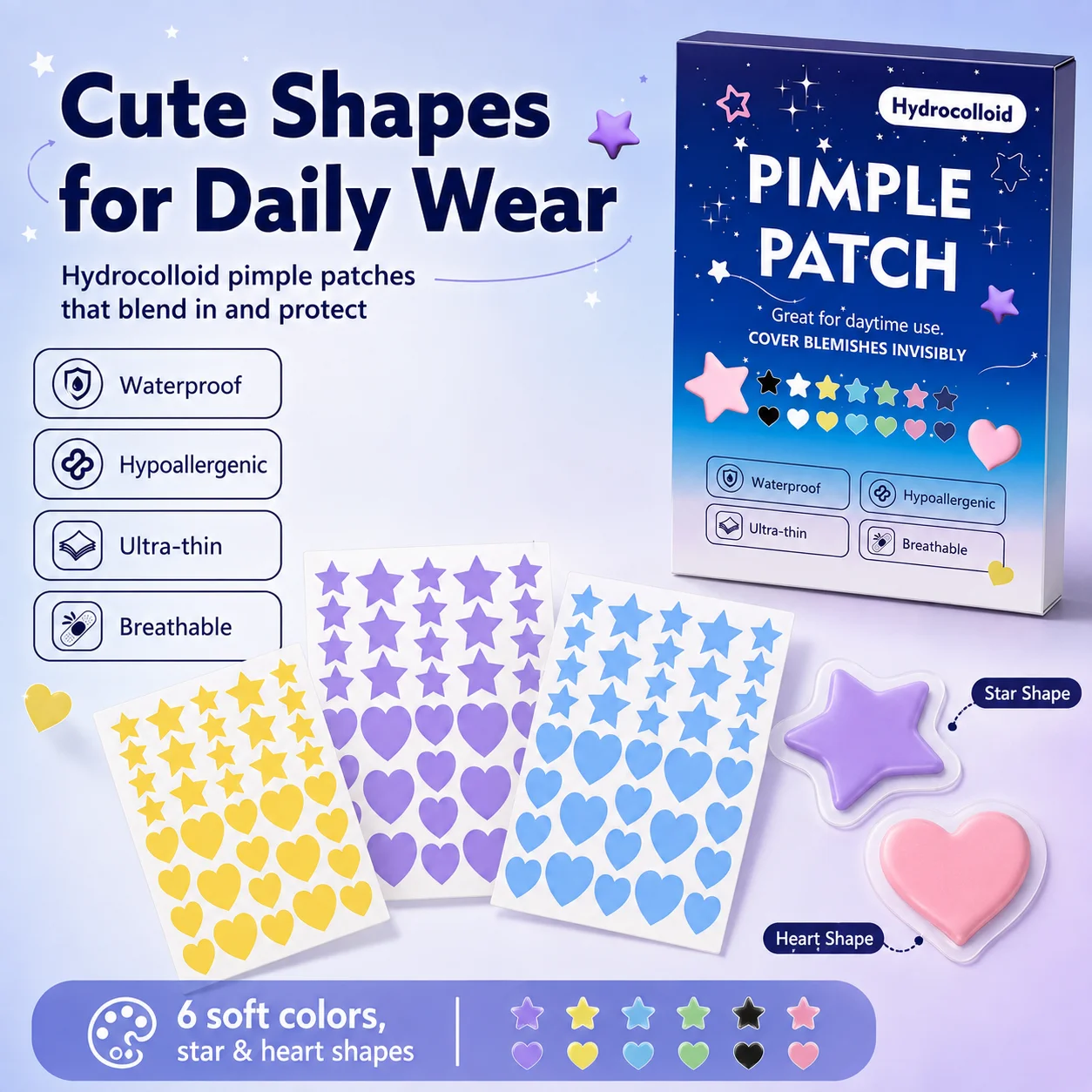 432PCS Hydrocolloid Pimple Patches, 12 Sheets, 6 Colors Star & Heart Face Stickers, Ultra-Thin Waterproof Day & Night Use