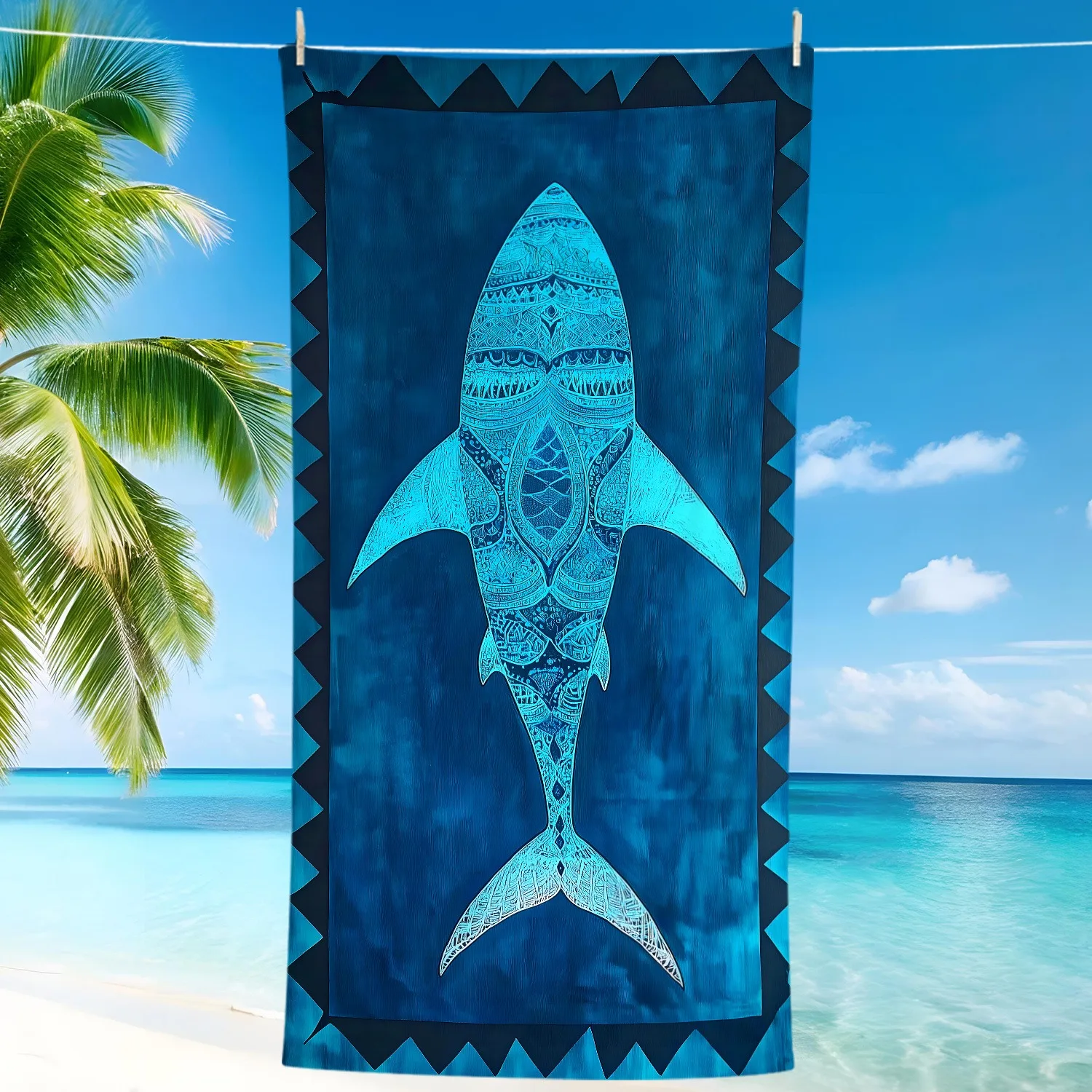 Boho Mandala Shark Beach Towel 31.5x63 Inch Blue Tribal Print Soft Microfiber Quick Dry Bath Towel for Adults Summer