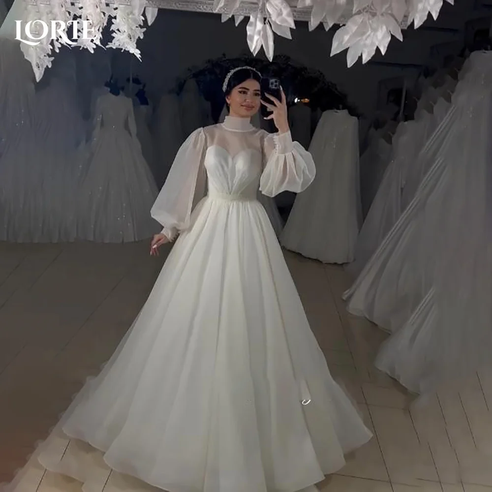

LORIE Sexy Satin Long Sleeve Wedding Dresses A-line Puff High Collar Ruffle Elegant Customized Bridal Gown Muslim Arabia Dress
