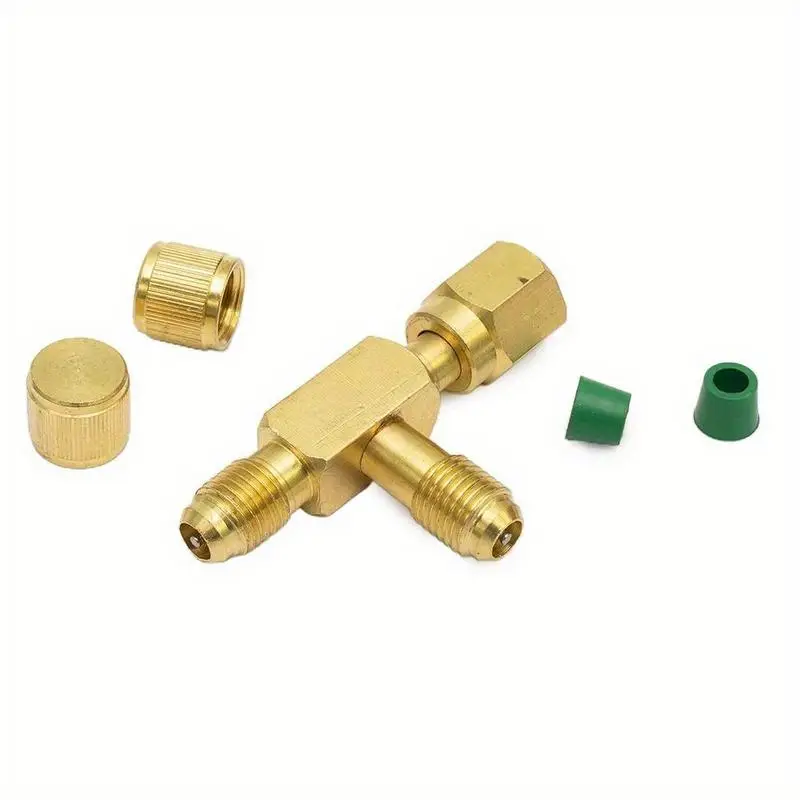 1Pc T Type Adapter with Rotary Connector 14 SAE External Thread New Pump Solid Brass Refrigeration Service Valves
