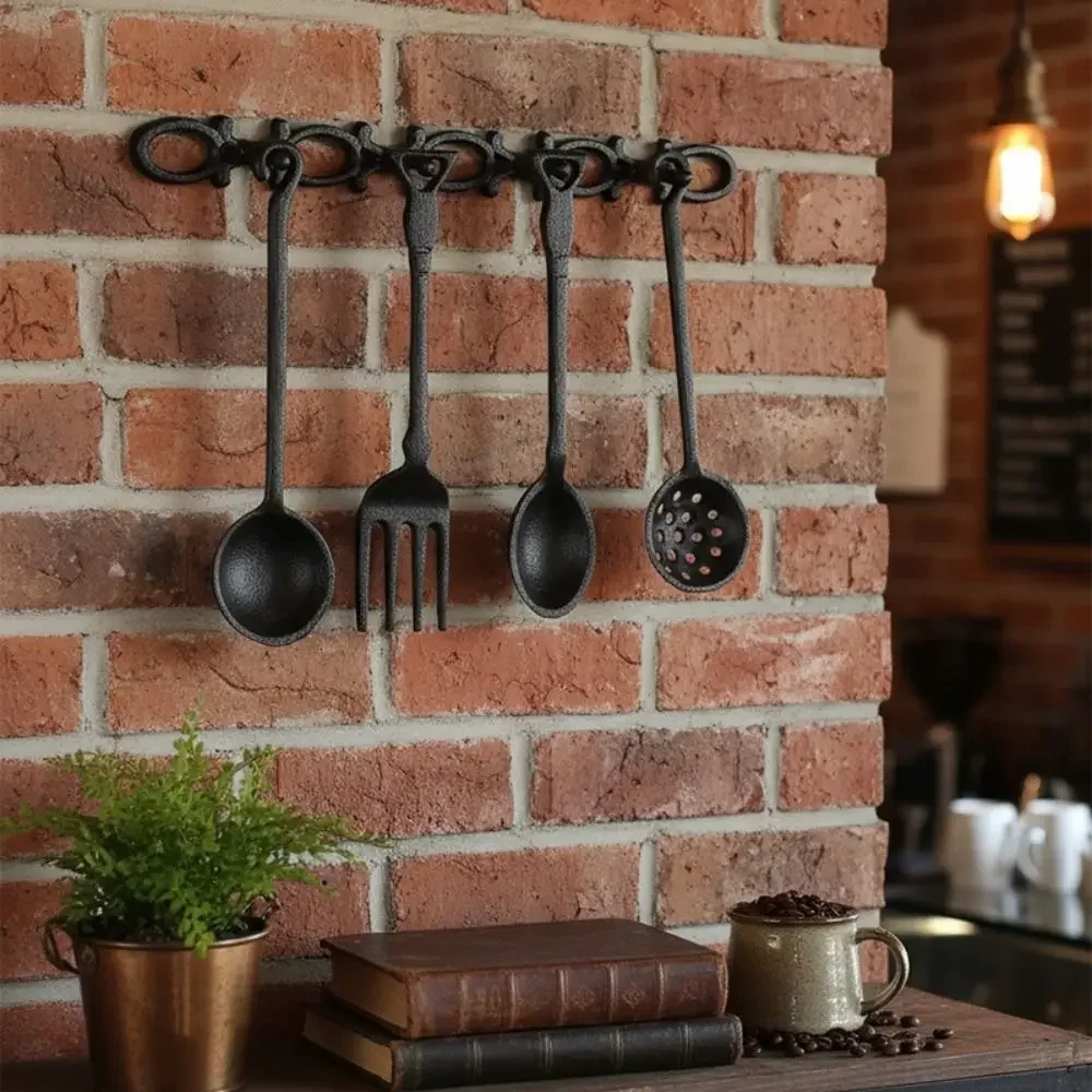 Vintage Iron Spoon Fork Wall Decor Rustic Style ，Hanging Cutlery Shape ， Artistic Design Cast Iron Kitchen Wall Art