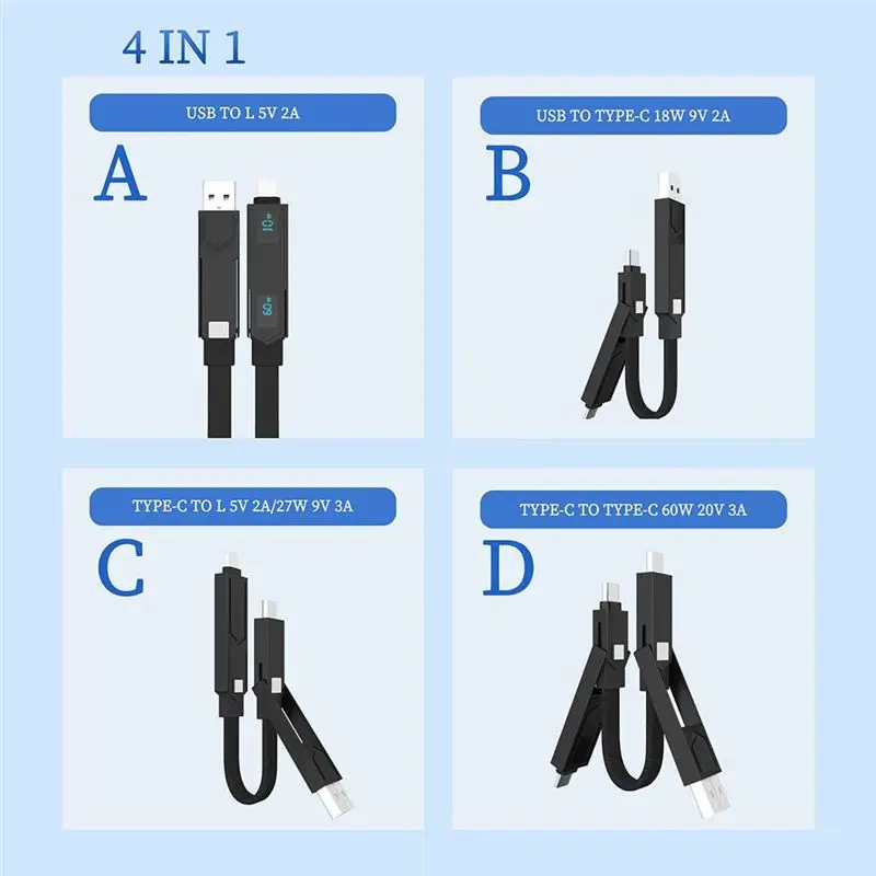 Gift For Her Multi Connectors Magnetic Fast Charging Cable With Screen Keychain PD Cord For Andriod TYPE-C 60W QC 18W Fast Charg