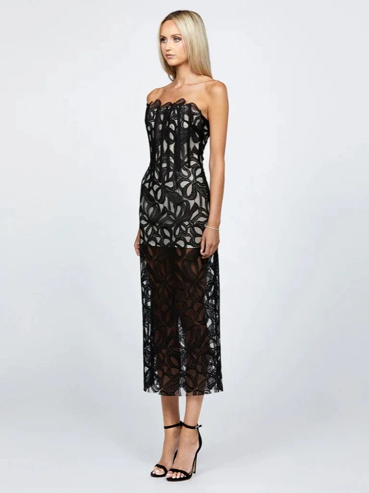 Sexy trägerloses Spitzen-Blumen-Bodycon-Kleid für Damen, schwarz, ärmellos, rückenfrei, mit Schnürung, Midi-Kleider, Promi-Abend-Party-Kleider