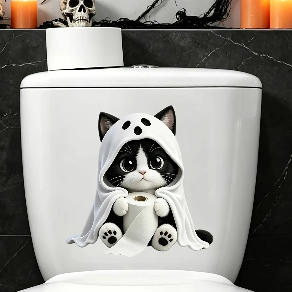 1 cute ghost cat Halloween toilet sticker, cute black and white cat shape, dressed in ghost clothing, holding a tissue roll, fun