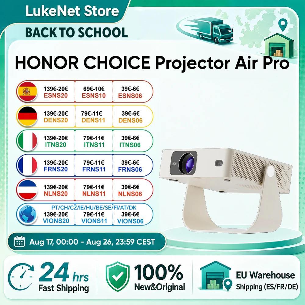 HONOR CHOICE Projector Air Pro Draagbare Projector Ingebouwde Netflix 292 ANSI Lumen Native 1080P FHD Autofocus & Automatische Keystone-correctie Wi-Fi 6 180 °   Draaibare beugel 0,55 kg Ultralicht