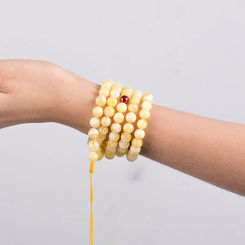 Chicken oil yellow and white flower bracelet, necklace, sweater chain, second-generation amber honey wax 108 Buddha beads