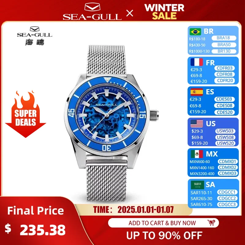 Seagull 2024 Men Watches Top Brand Luxury Stainless Steel Waterproof Hollow Out Blue Big Male Wristwatche Relogio Masculino 7063