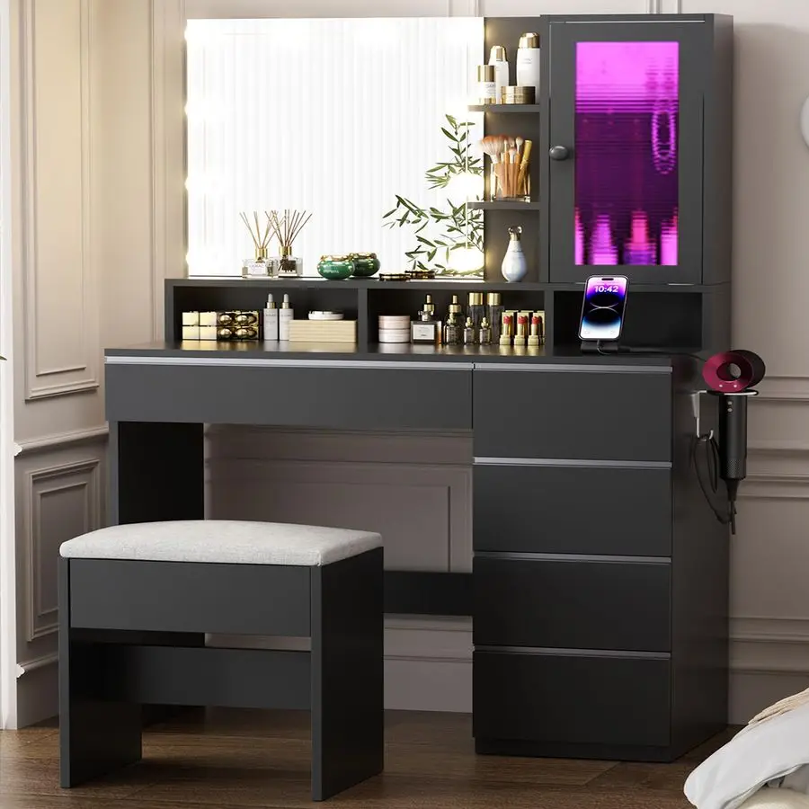 

Vanity Desk with LED Lights Mirror, 35.43 Modern Makeup Table with 6 Storage Drawers Stool for Ladies and Girls, RGB Light
