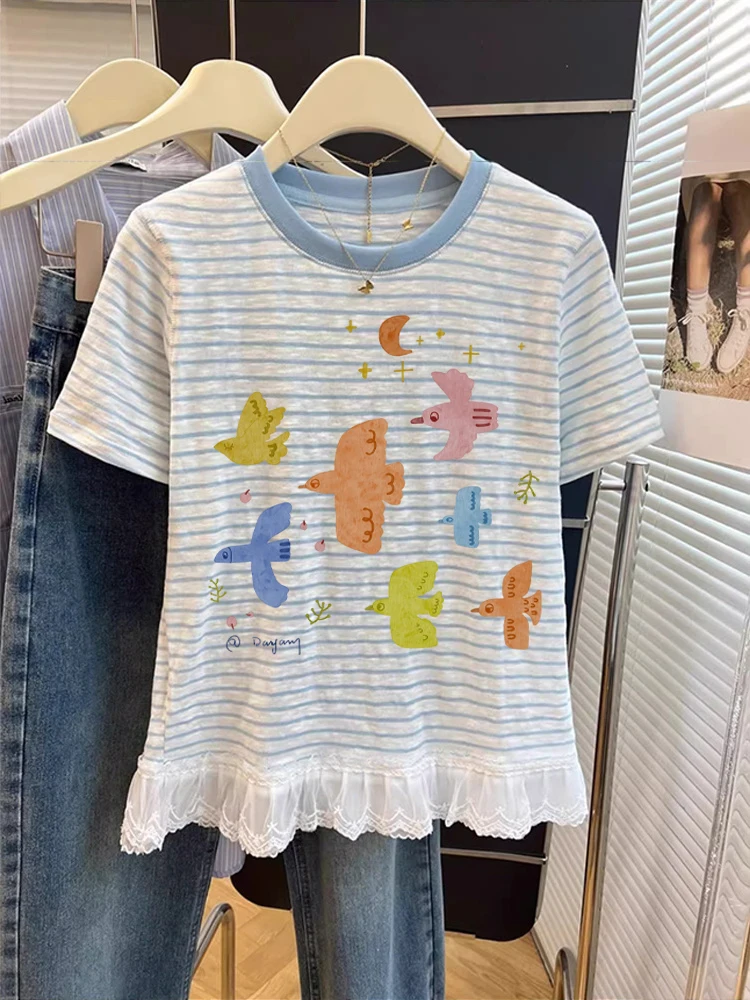 Korean Sle Casual ort Sve T-irt ex Summer Creative Stripe Print Top Moisture ng Sweat Absorbent Regular Fit