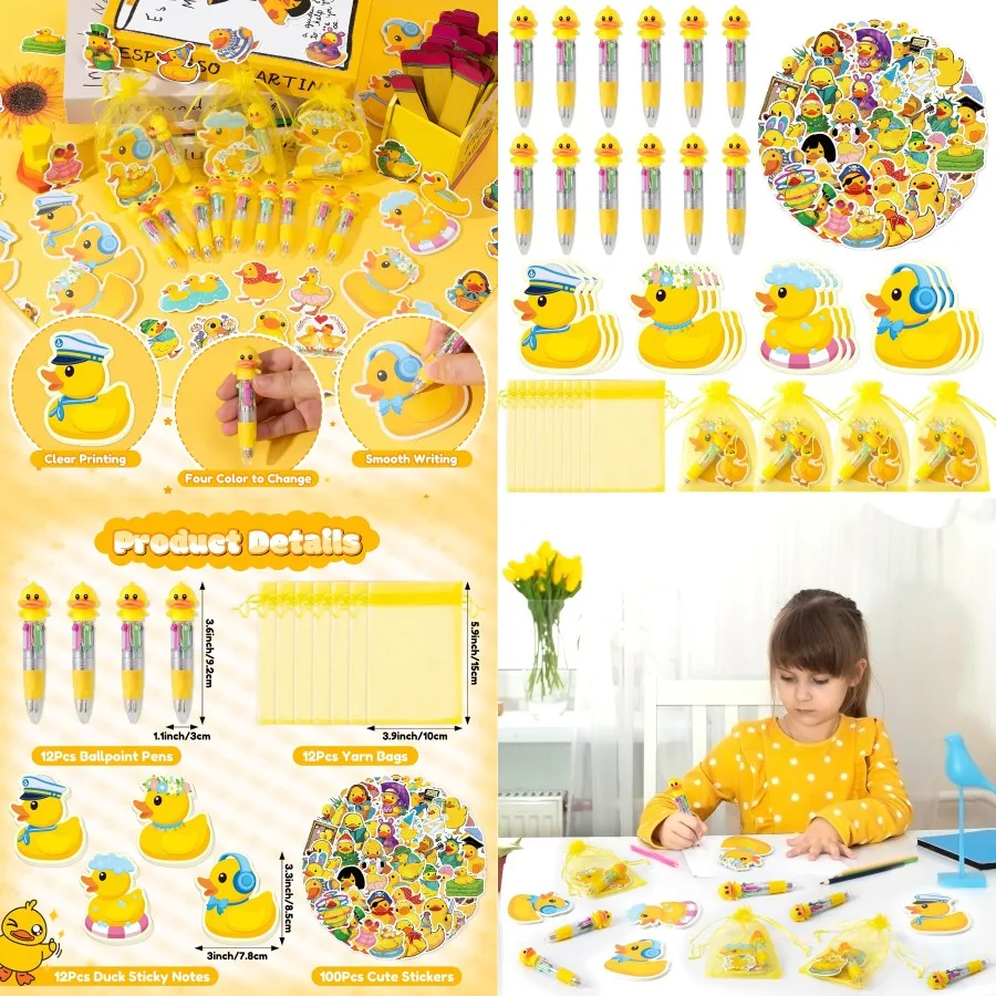 Conjunto de presente de papelaria de pato de borracha amarelo para: 12 pacotes de material escolar com tema animal fofo, incluindo canetas esferográficas de pato 4 em 1 St