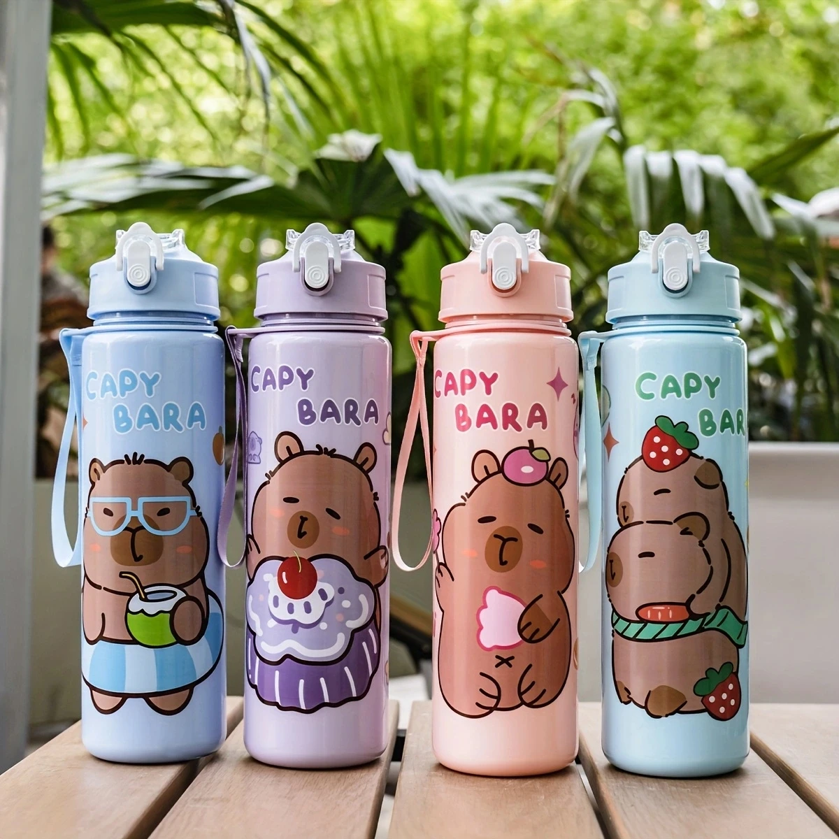 Botella de Agua de Plástico de 750ml/26oz con Diseño de Dibujos Animados, Selección de Varios Estilos, con Pajita, para Deportes al Aire Libre, Viajes, Campamentos, Fiestas