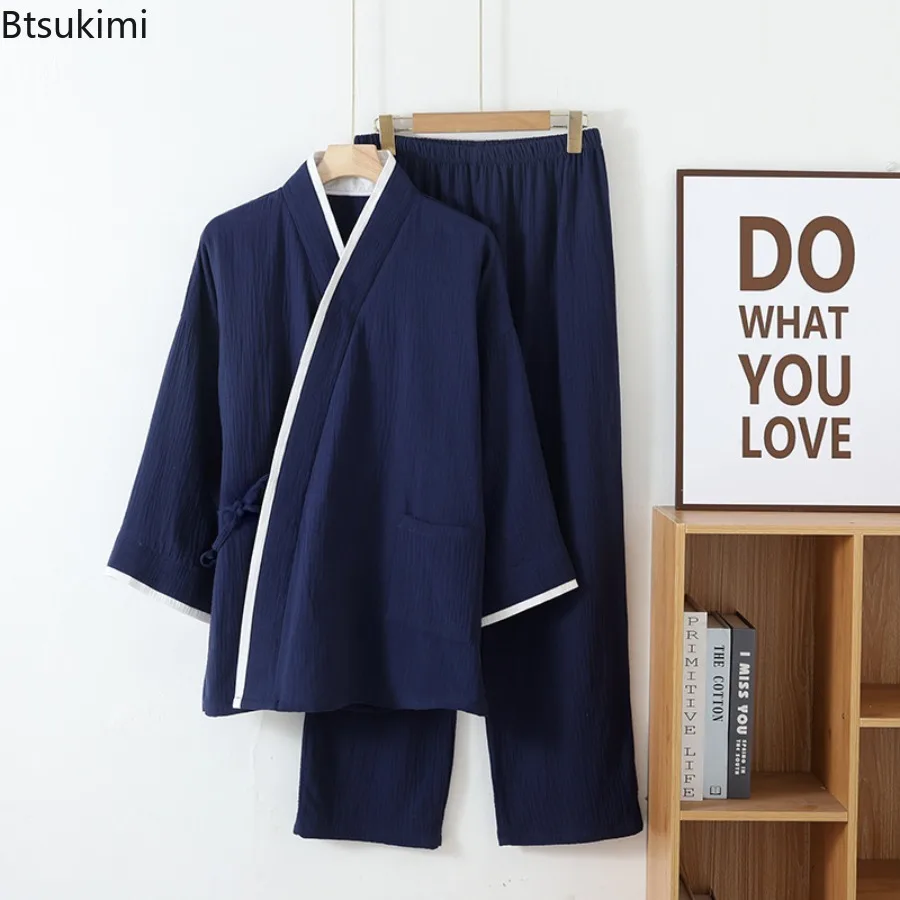 New 2025 Summer Men's Pure Cotton Pajamas Long Sleeved and Pants Two-piece Set Sleepwear for Men Solid Color Thin Home Clothing