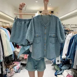 V Neck Loose Denim Shirts Short Sleeve Jacket Summer Sets Womens Outfits 2 Piece Shorts Vintage Streetwear Y2k 2024 Chic Tops