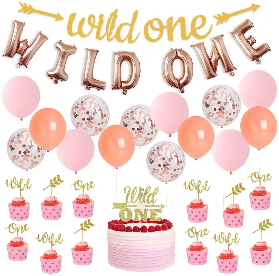 

Wild One Baby Girl Party Supplies, Balloon Banner and Cake Toppers, Pink and Rose Gold, 1st Birthday Decor